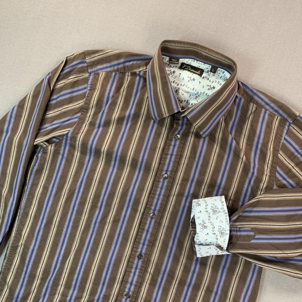 7 Diamonds Shirt Men L Brown Stripe Cotton Long Sleeve Button Up‎ Casual Dress